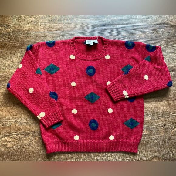 J.G. HOOK Vintage red 100% wool sweater circles dots abstract retro modern sz S - Picture 7 of 11